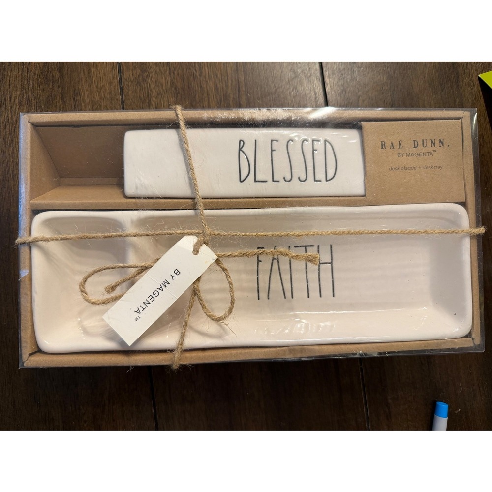 Rae Dunn by Magenta Faith Desk Tray and Blessed Plaque Ceramic Set New